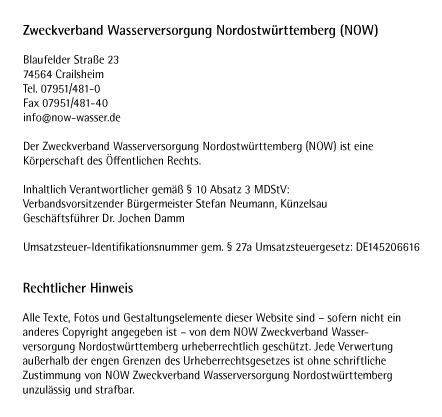 Zweckverband Wasserversorgung Nordostw&uuml;rttemberg Impressum